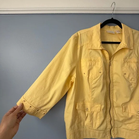 Chico's Size 3 XL Yellow 3/4 Sleeve lightweight unlined Full Zip Pockets - Picture 2 of 9